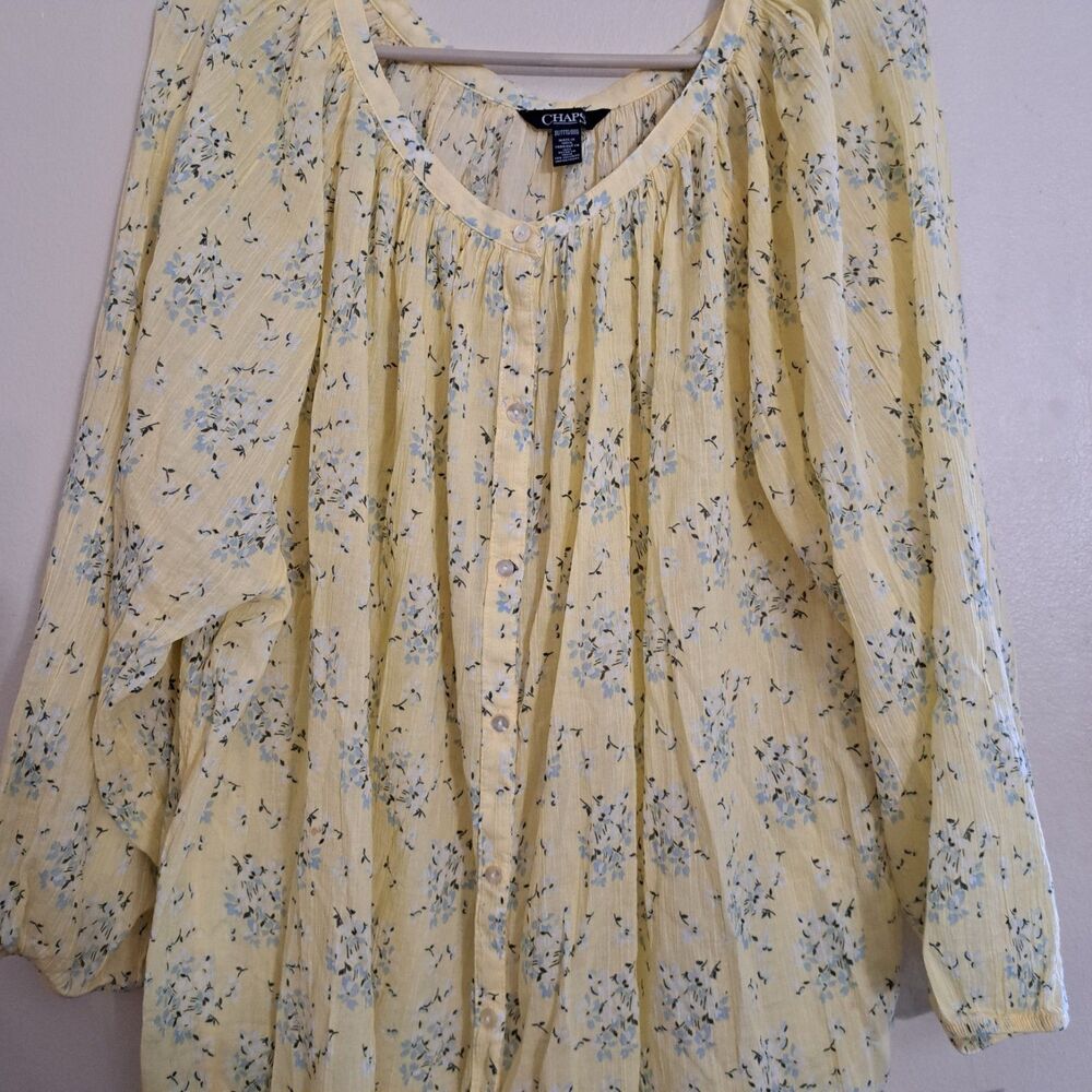 Chaps Women's Blouse Plus 3X Yellow Floral 3/4 Sleeve Button-Up Top - Picture 2 of 13